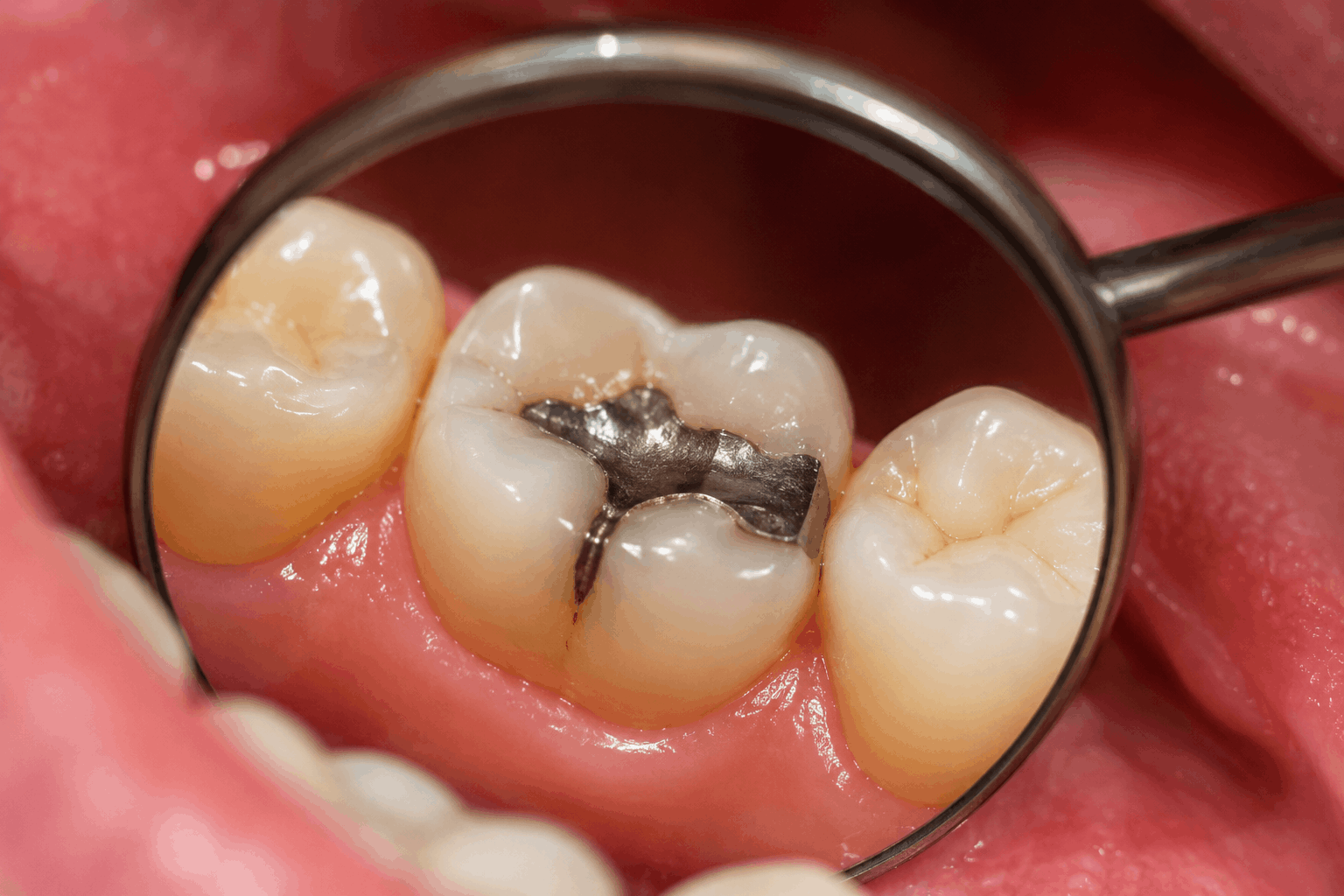 Dental Filling Replacement Oral Square Dental Care Close-up of an old metal dental filling in a molar in Tarneit