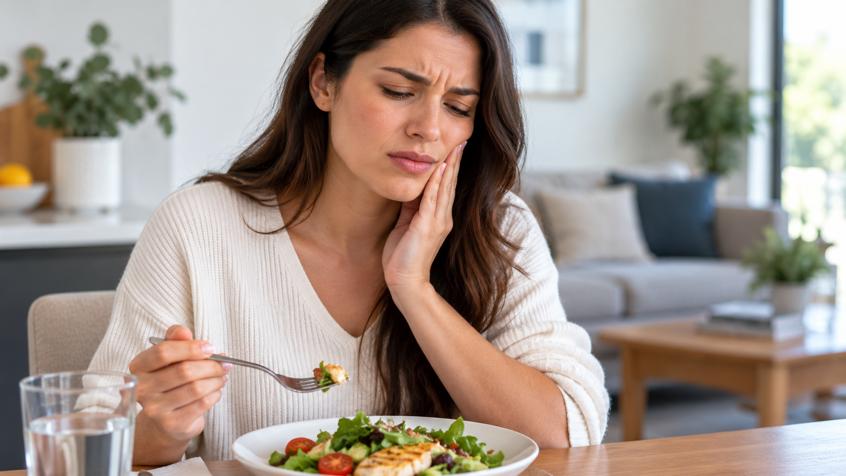 Jaw Pain Treatment Oral Square Dental Care Woman experiencing jaw pain while eating at home in Tarneit