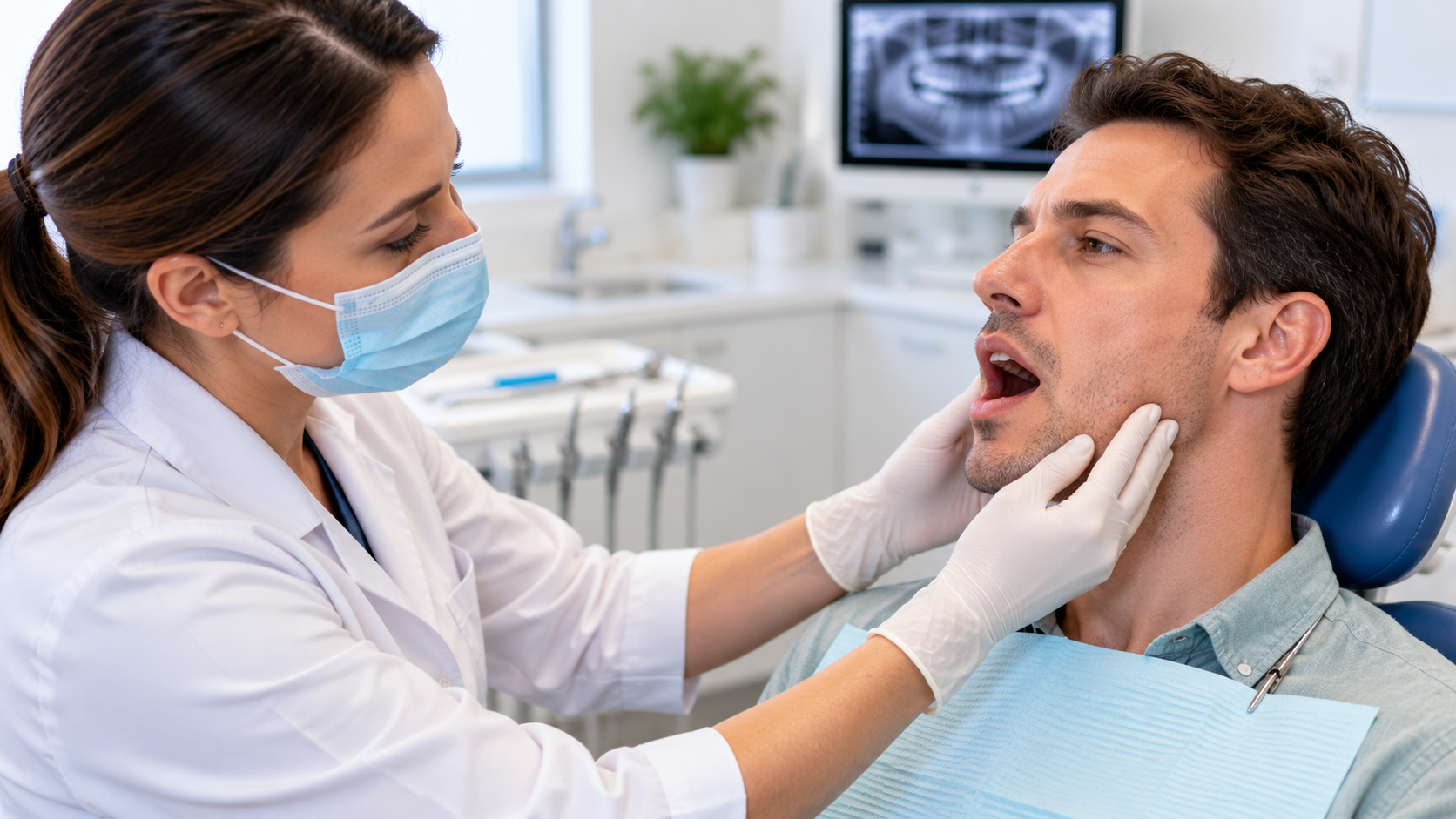 TMJ Dental Assessment Oral Square Dental Care Dentist examining a patient's jaw and facial area during a dental appointment in Tarneit