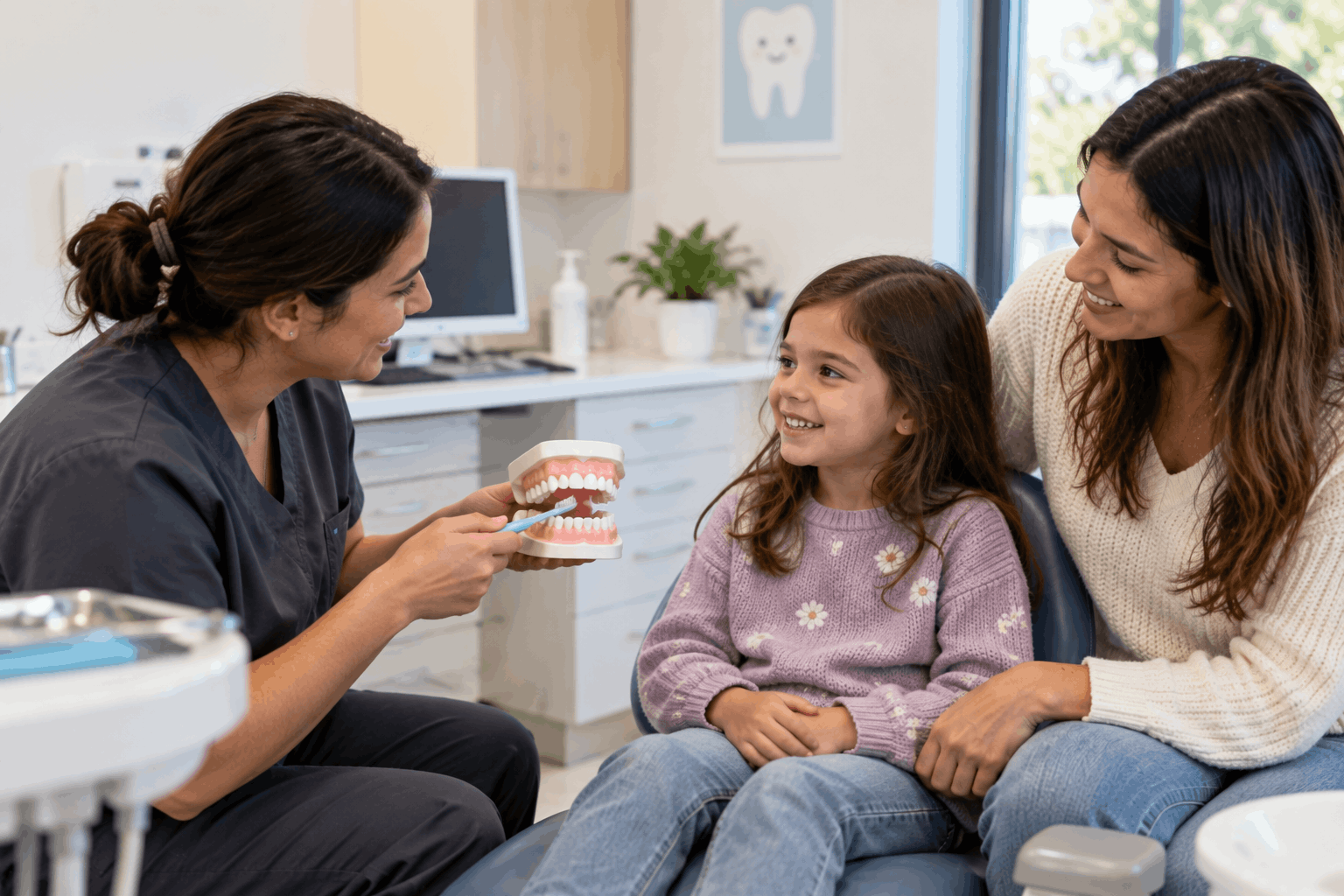Dentist explaining dental care to a child and parent in Tarneit 
